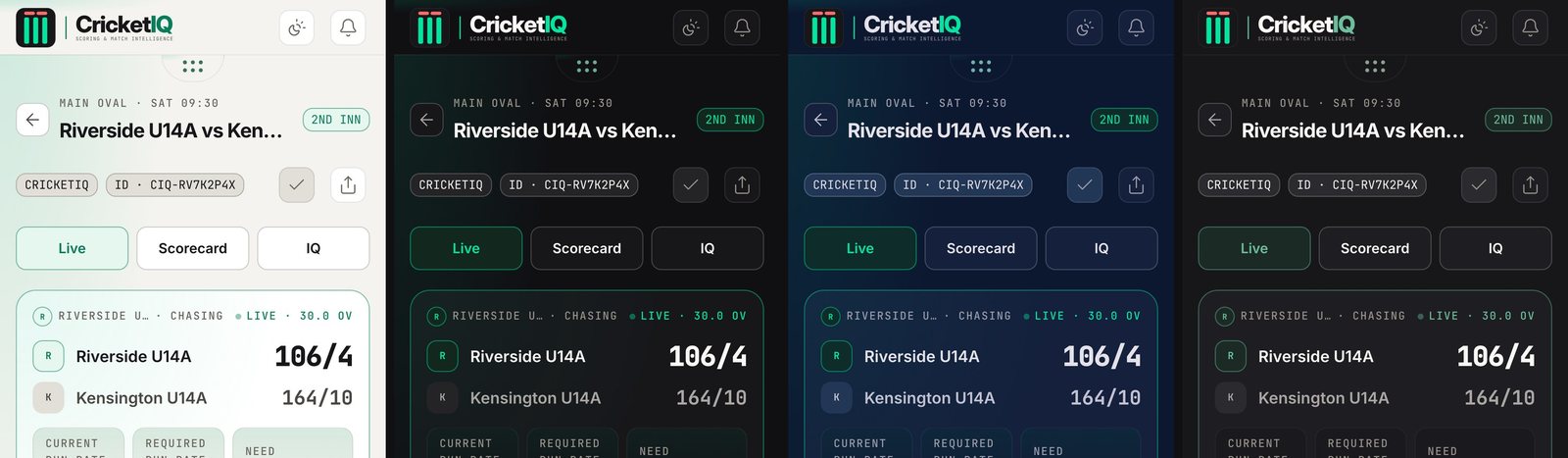 The same live score in the four CricketIQ looks: Daylight, Cockpit, Mission and Calm