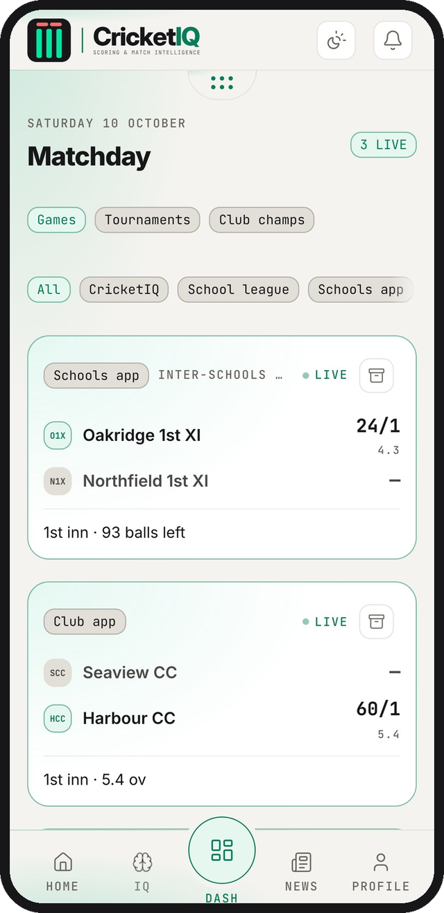 The CricketIQ Dash: live games from a schools app and a club app on one board, with filters for CricketIQ, school league and schools app games