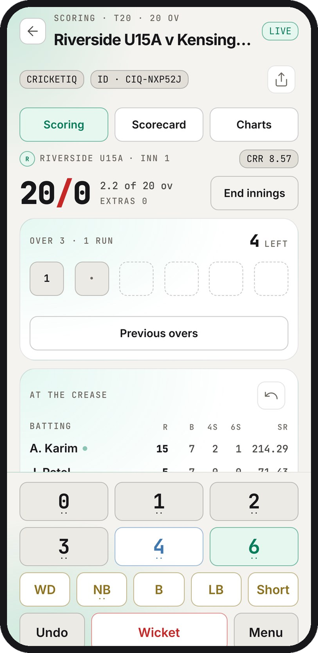 The CricketIQ scoring pad in the Daylight look, with large keys for runs, wides, no-balls, byes, wickets and undo