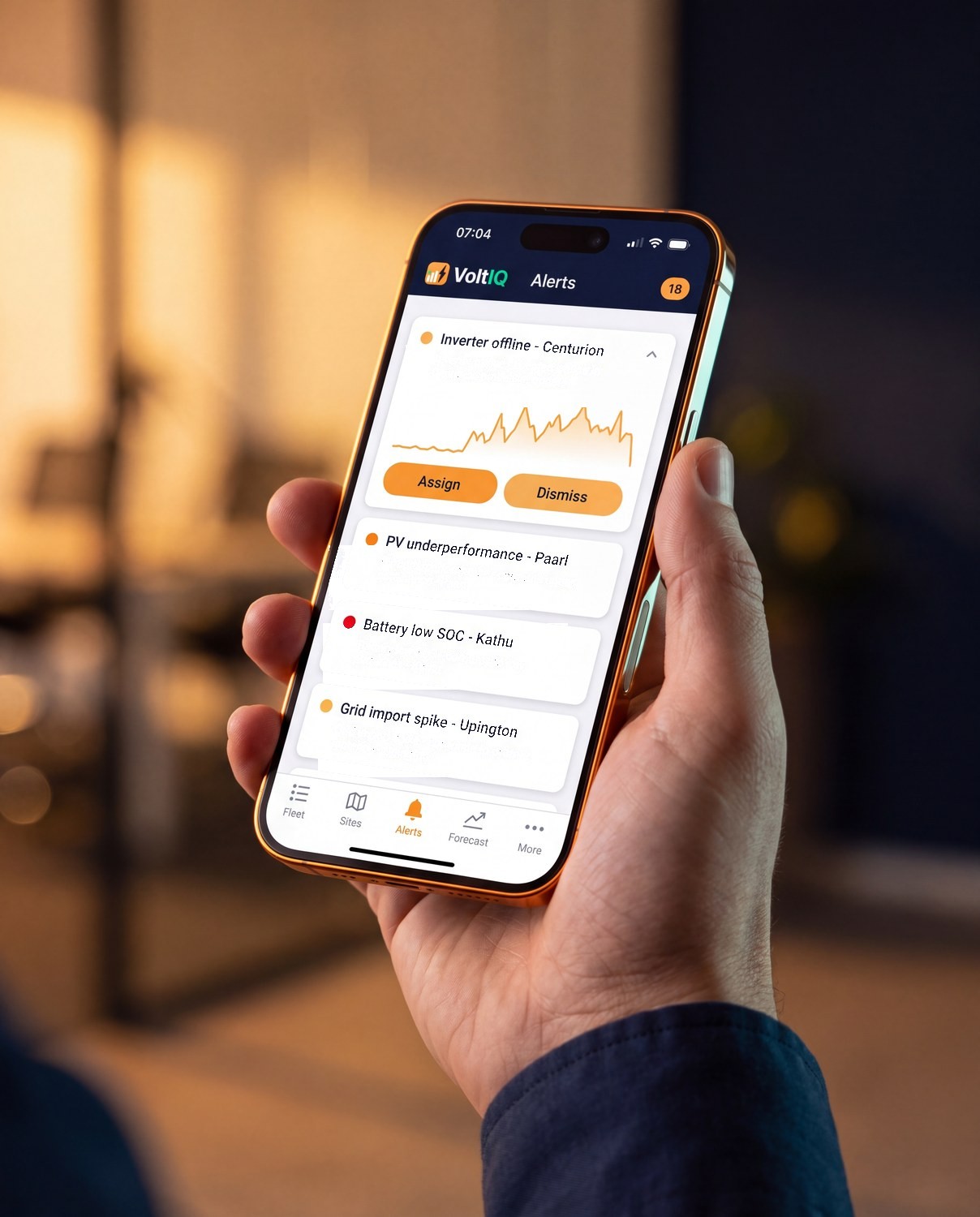 The VoltIQ alerts list open on a phone