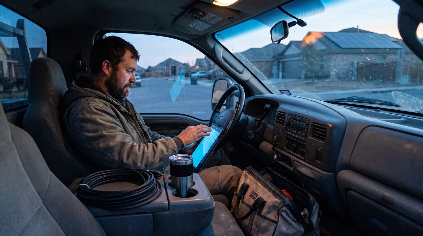 An installer reading a morning report in a bakkie cab before first light