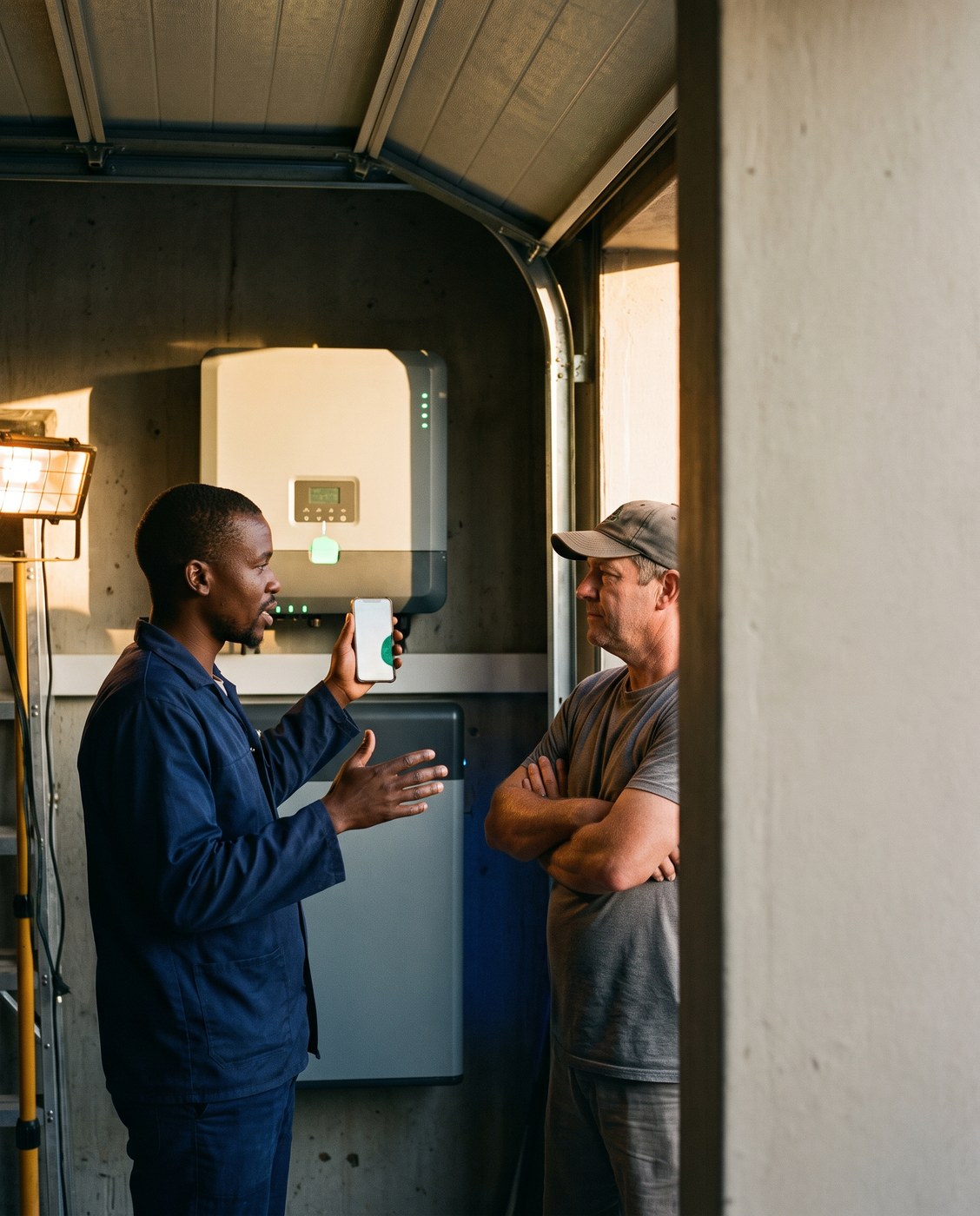 An installer talking a customer through their system in a garage