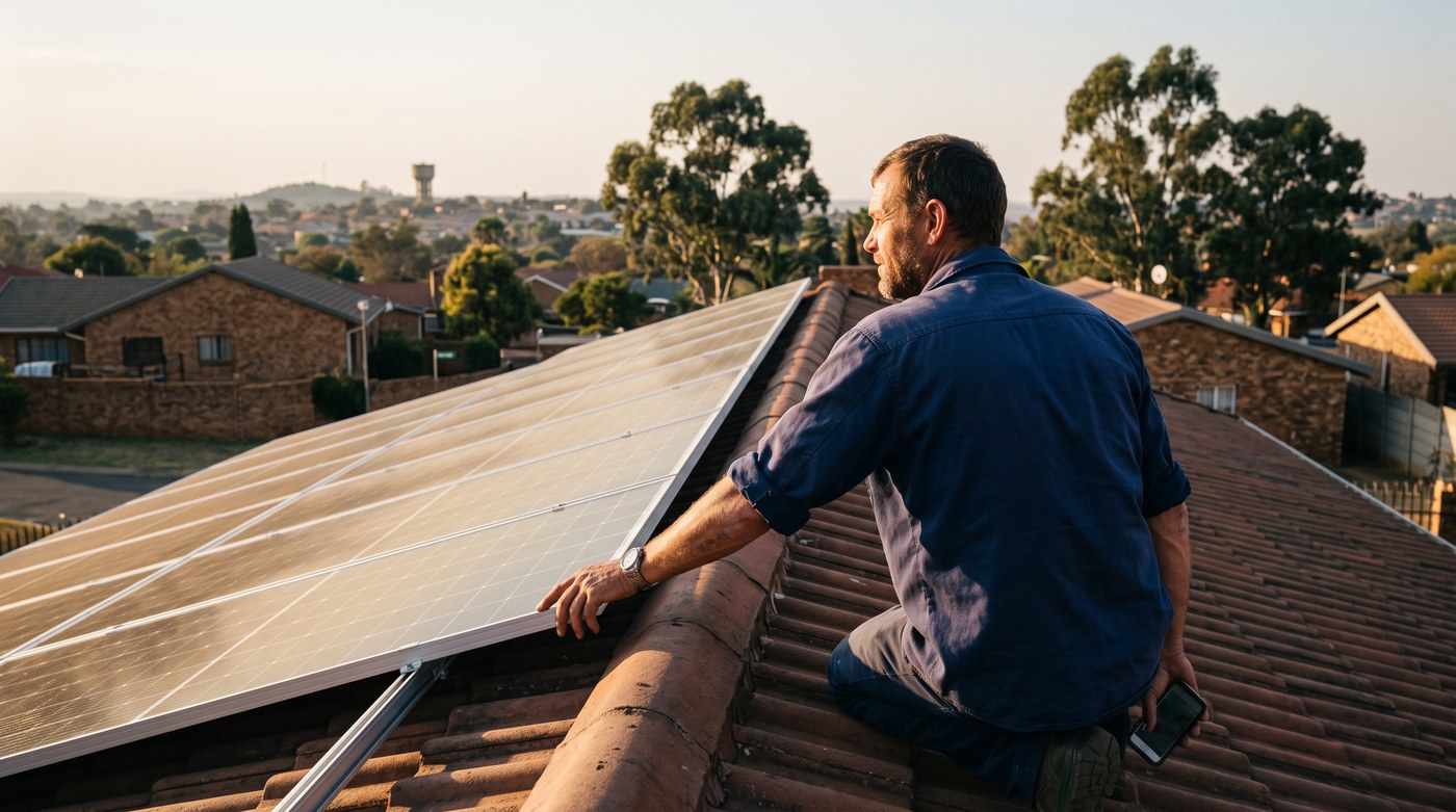 A solar installer on a South African rooftop at golden hour