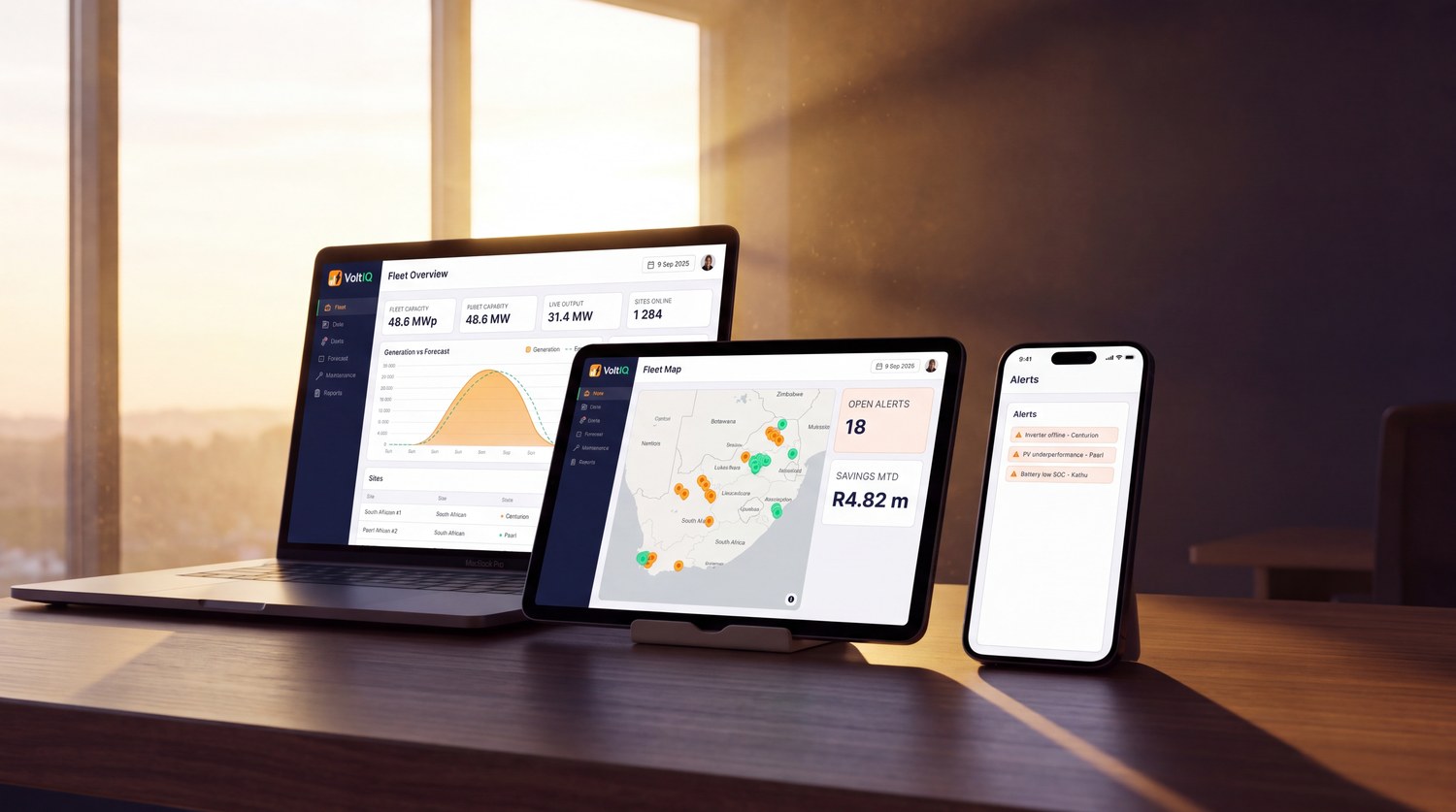 VoltIQ fleet overview, fleet map, and alerts list shown across a laptop, tablet, and phone